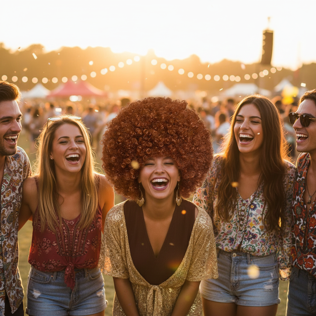 Group of friends at a festival, one wearing Giant Brown Afro Wig, all laughing in golden hour light