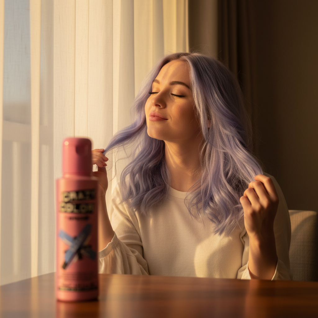 Woman with vibrant lilac hair in golden hour light — Crazy Color Lilac No.55 aspirational beauty lifestyle scene
