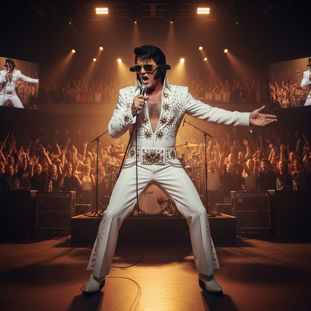 Elvis Presley tribute performer on stage wearing gold glasses with black sideburns, crowd cheering
