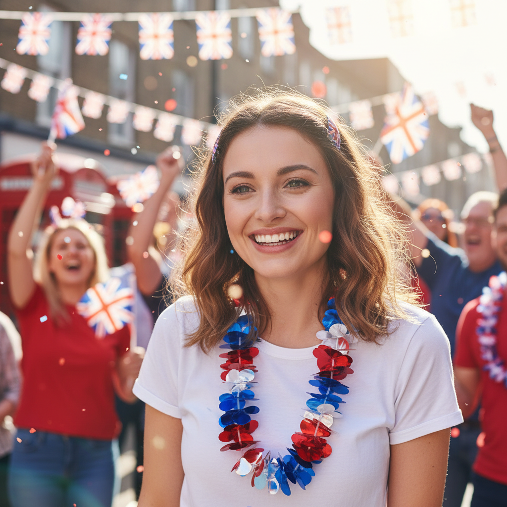Woman wearing metallic red, white and blue Hawaiian lei at a patriotic British celebration — glittering foil shimmer