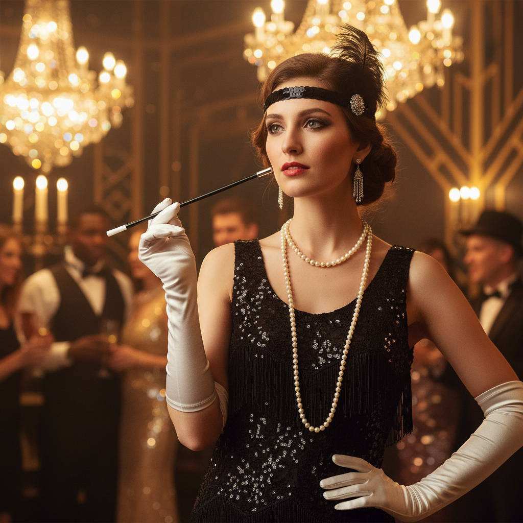 Woman in 1920s flapper costume holding black cigarette holder at glamorous Gatsby party