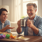 Child gifting self stirring Dad mug to laughing father on Father's Day in bright living room