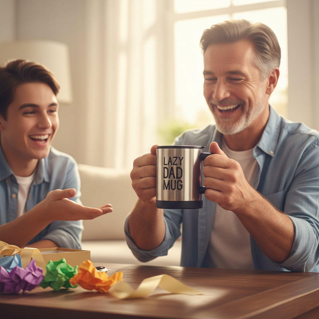 Child gifting self stirring Dad mug to laughing father on Father's Day in bright living room