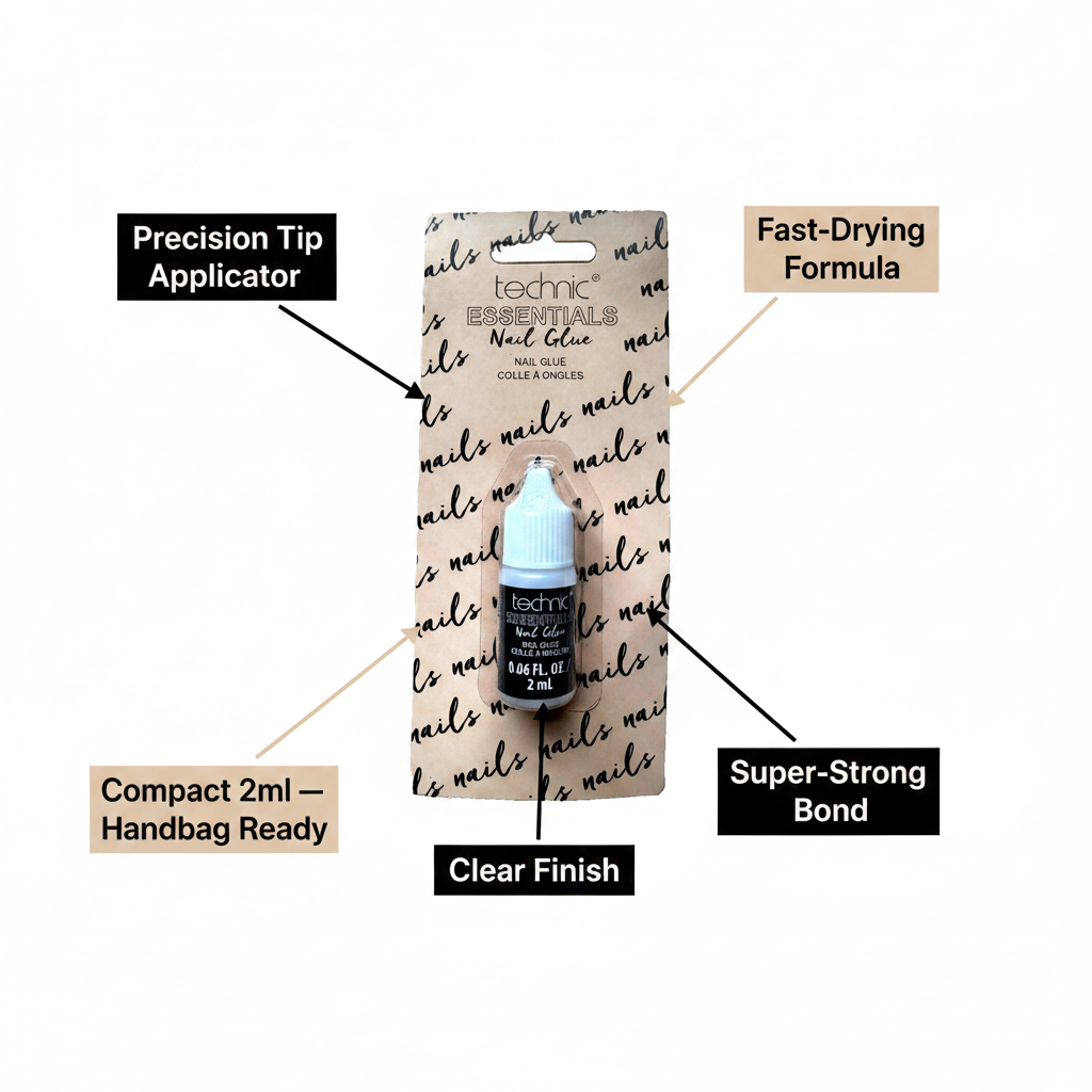 Technic Essentials Clear False Nail Glue 2ml feature infographic on white background with callout labels highlighting precision tip, fast-drying formula, strong bond, compact size and clear finish