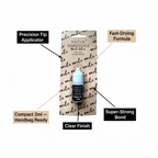 Technic Essentials Clear False Nail Glue 2ml feature infographic on white background with callout labels highlighting precision tip, fast-drying formula, strong bond, compact size and clear finish