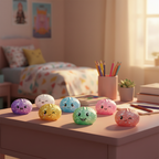 Mini glitter squishy bao bun toys sparkling in warm golden hour light on a child's pastel desk — joyful and magical