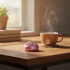 3D Fidget Dumpling 8cm rose pink iridescent squishy sensory toy on cosy wooden desk with warm golden hour light and cup of tea