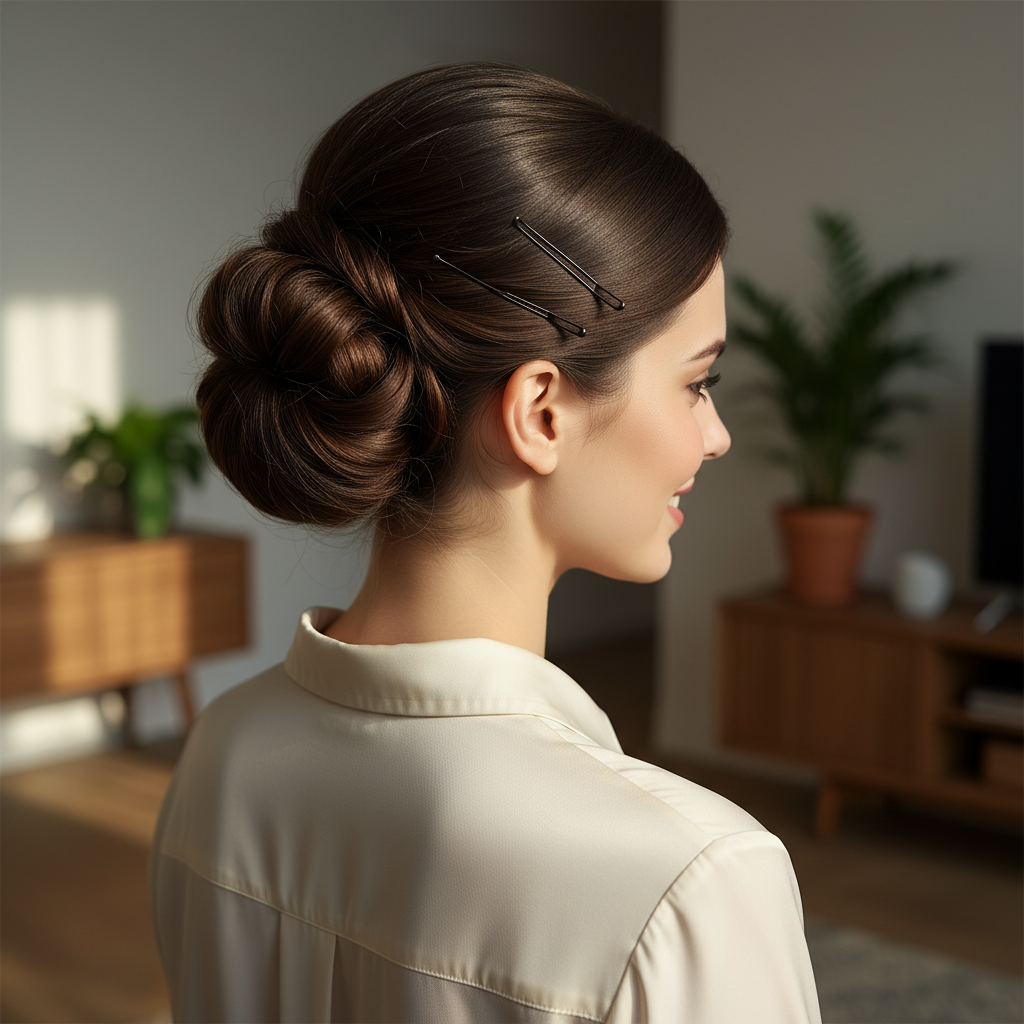 Elegant finished brunette updo hairstyle secured with dark brown Glamorize hair grips, showing the polished result