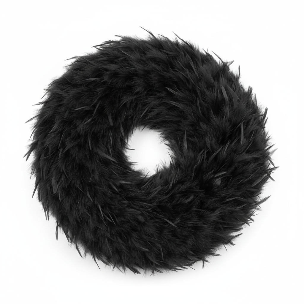 Deep matte black feather boa 1.7m coiled on white background, studio product photography