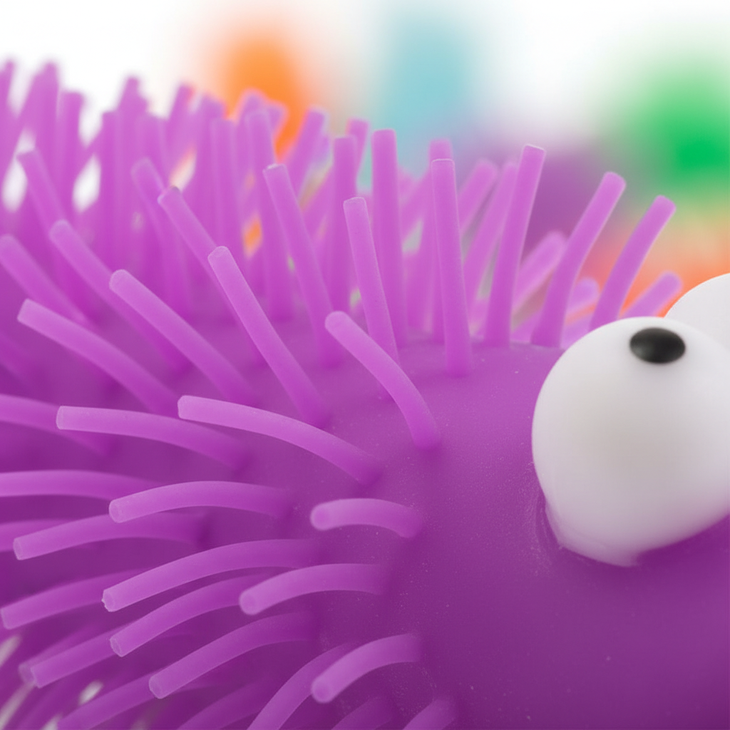 Extreme macro close-up of the purple puffer spines and rubber texture of the Big Eye Puffer Caterpillar squeeze toy
