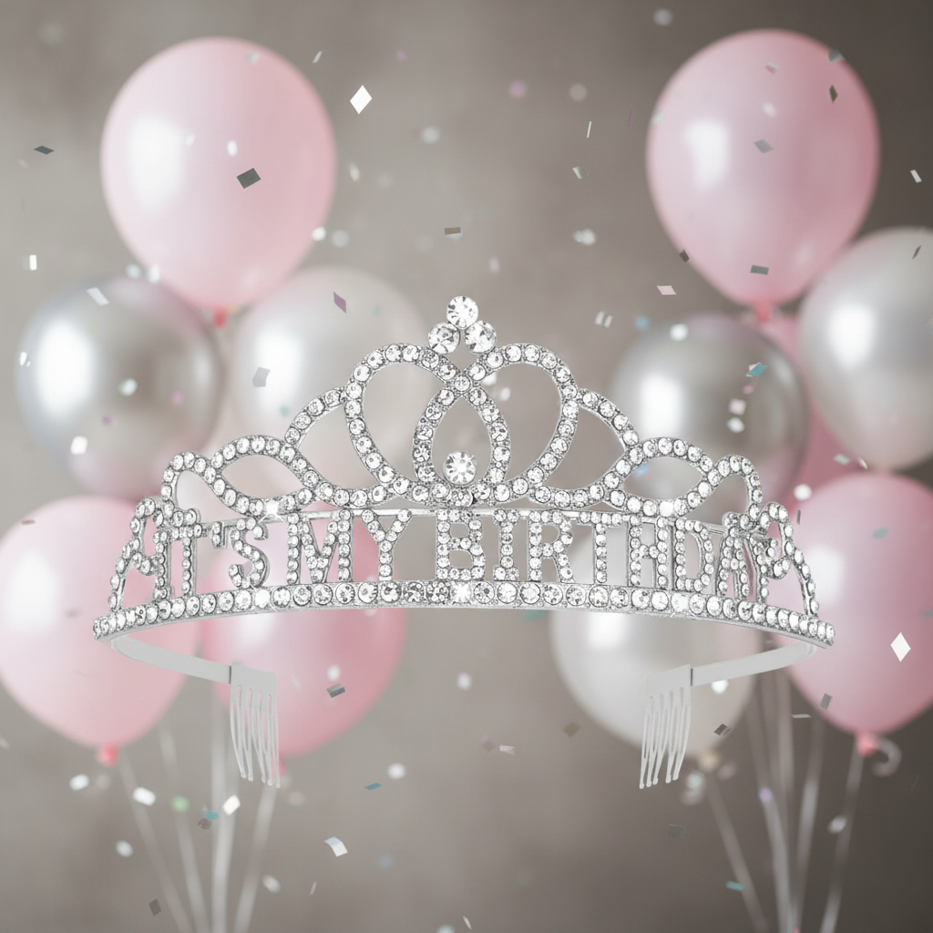 It's My Birthday tiara hero shot with sparkling rhinestones on elegant party background with balloons and confetti
