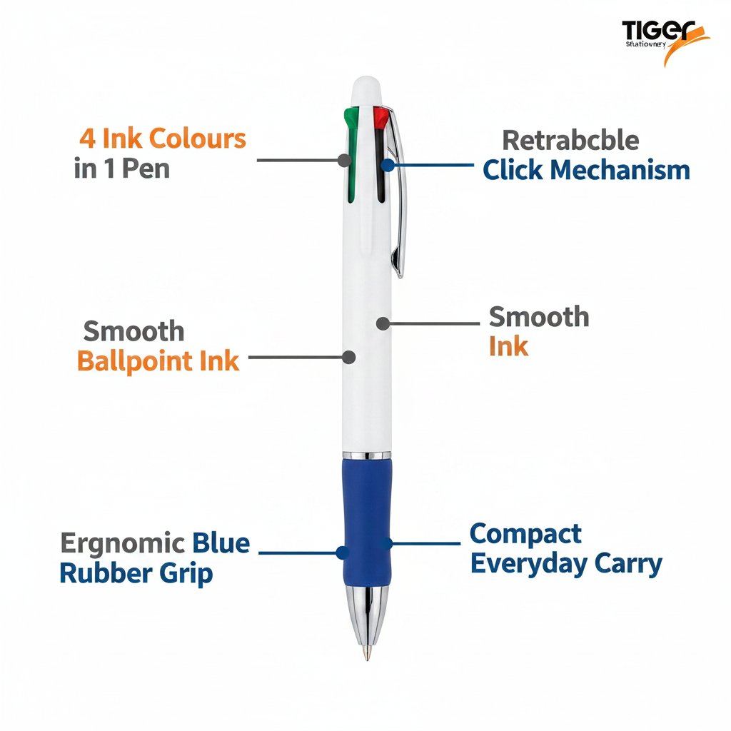 Tiger Stationery 4-colour pen infographic highlighting retractable click mechanism, ergonomic blue grip, smooth ballpoint ink and four ink colours in one pen