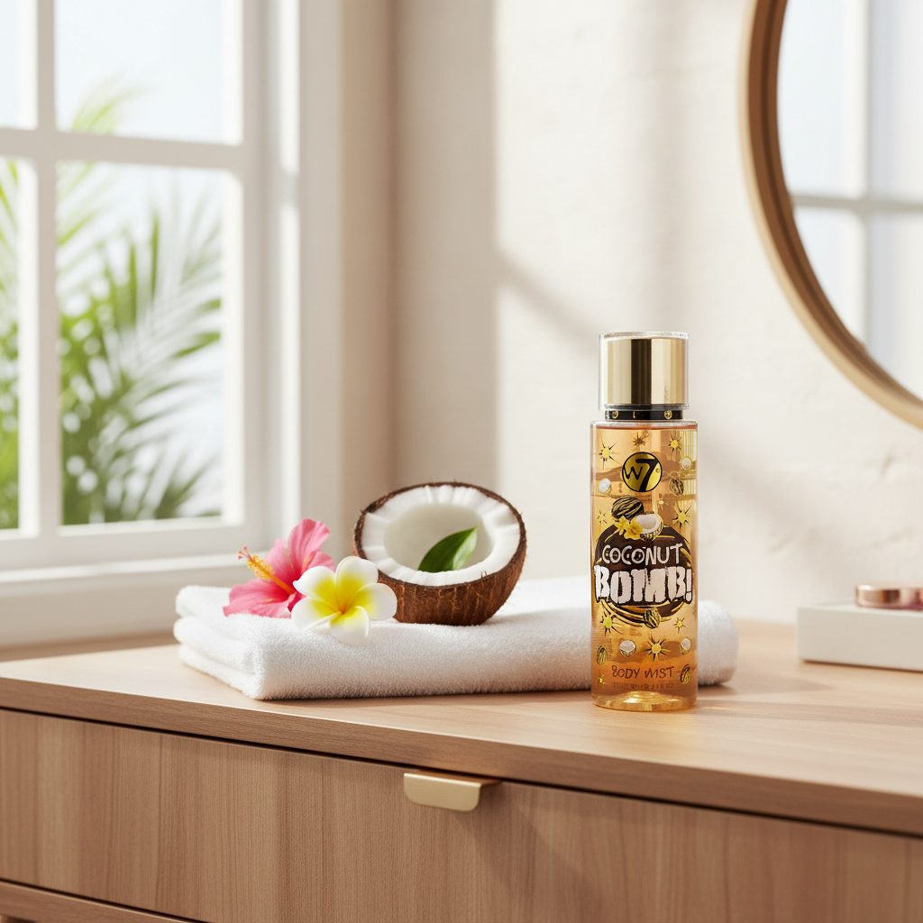 W7 Coconut Bomb Body Mist 250ml on bathroom shelf with coconut and tropical flowers, natural window light editorial beauty styling