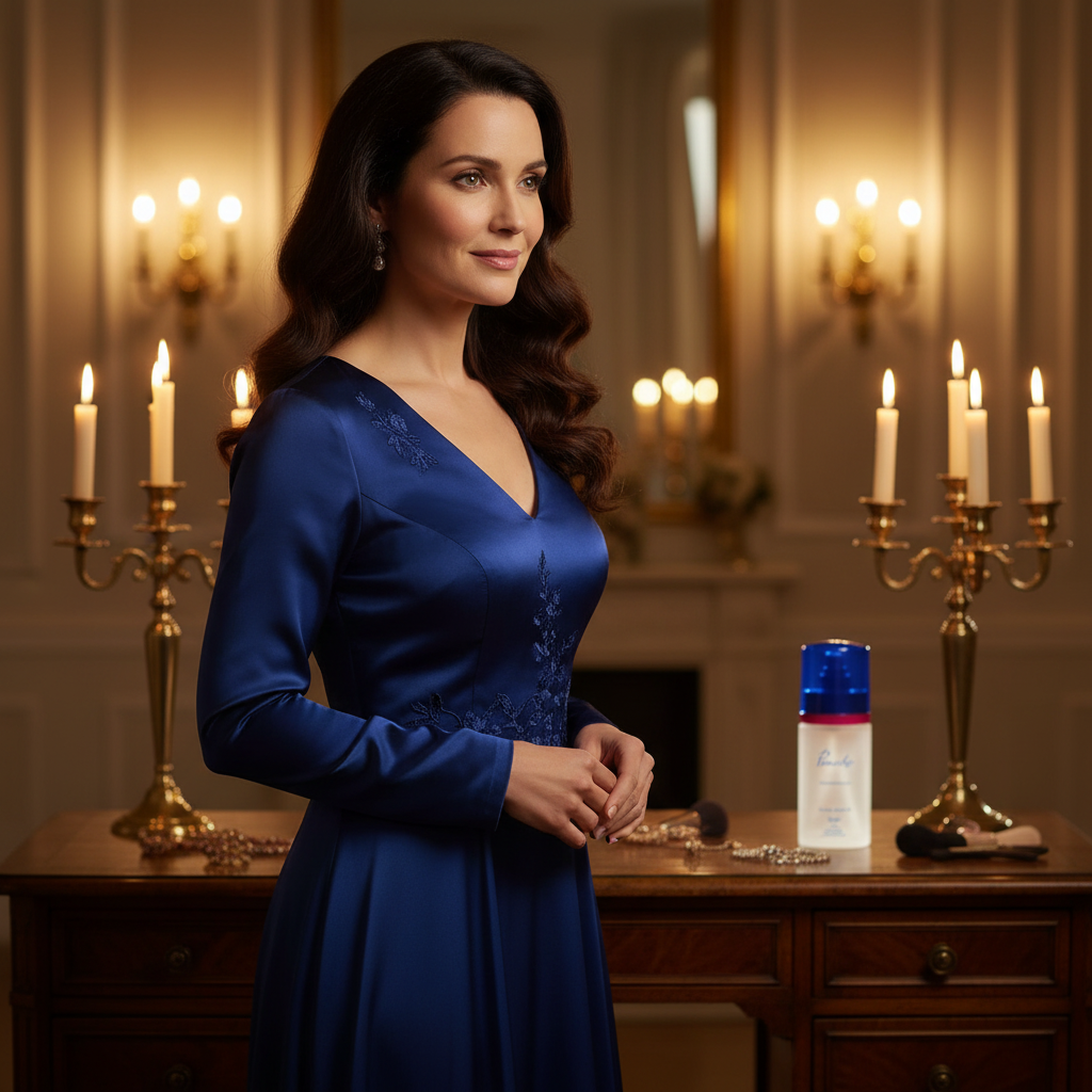 Radiant confident woman at elegant evening event with Panache EDP on dressing table in background
