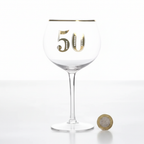 Art Deco 50th Birthday Gin Glass flat lay beside a £1 coin on white background to show product scale