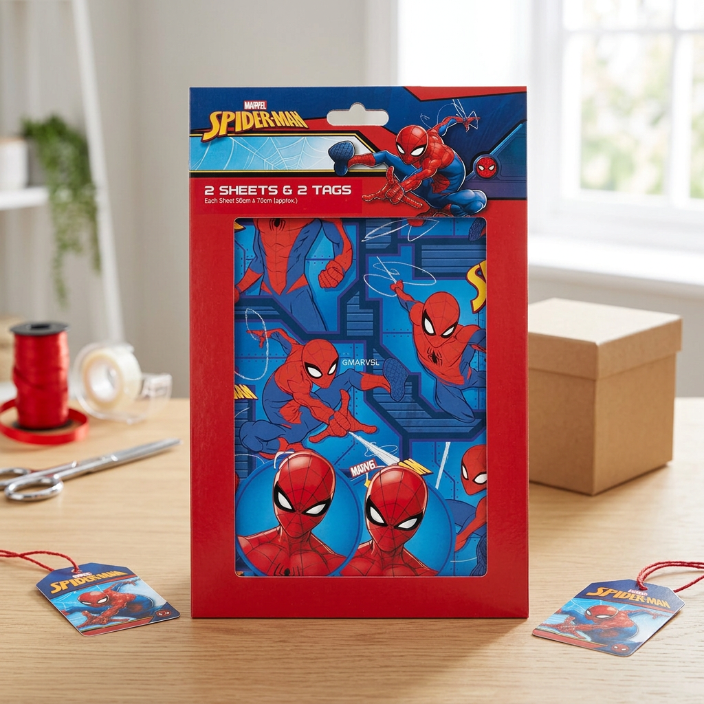 Spider-Man wrapping paper pack and matching tags on a wooden gift-wrapping table