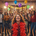 Friends celebrating at birthday party with vibrant red feather boa accessory