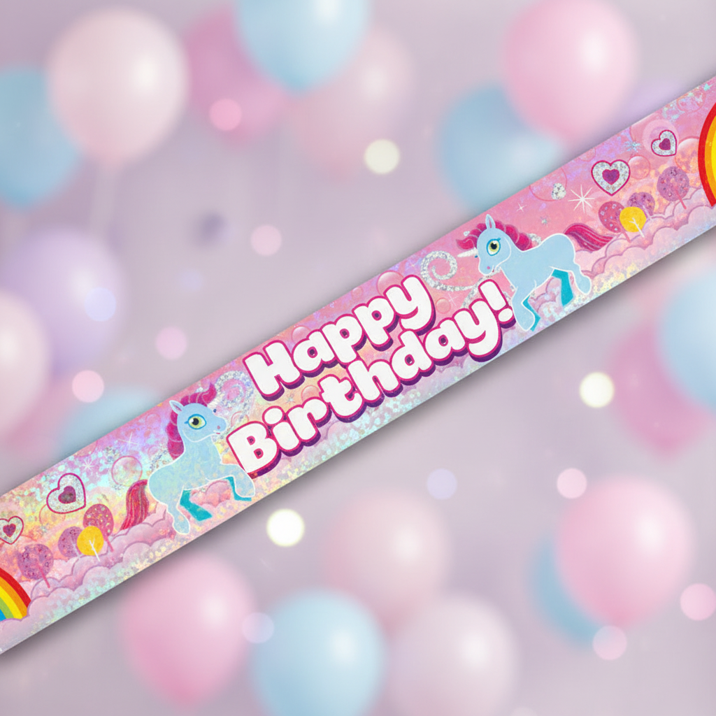 9ft holographic unicorn rainbow birthday banner with magical sparkle effect - main product shot