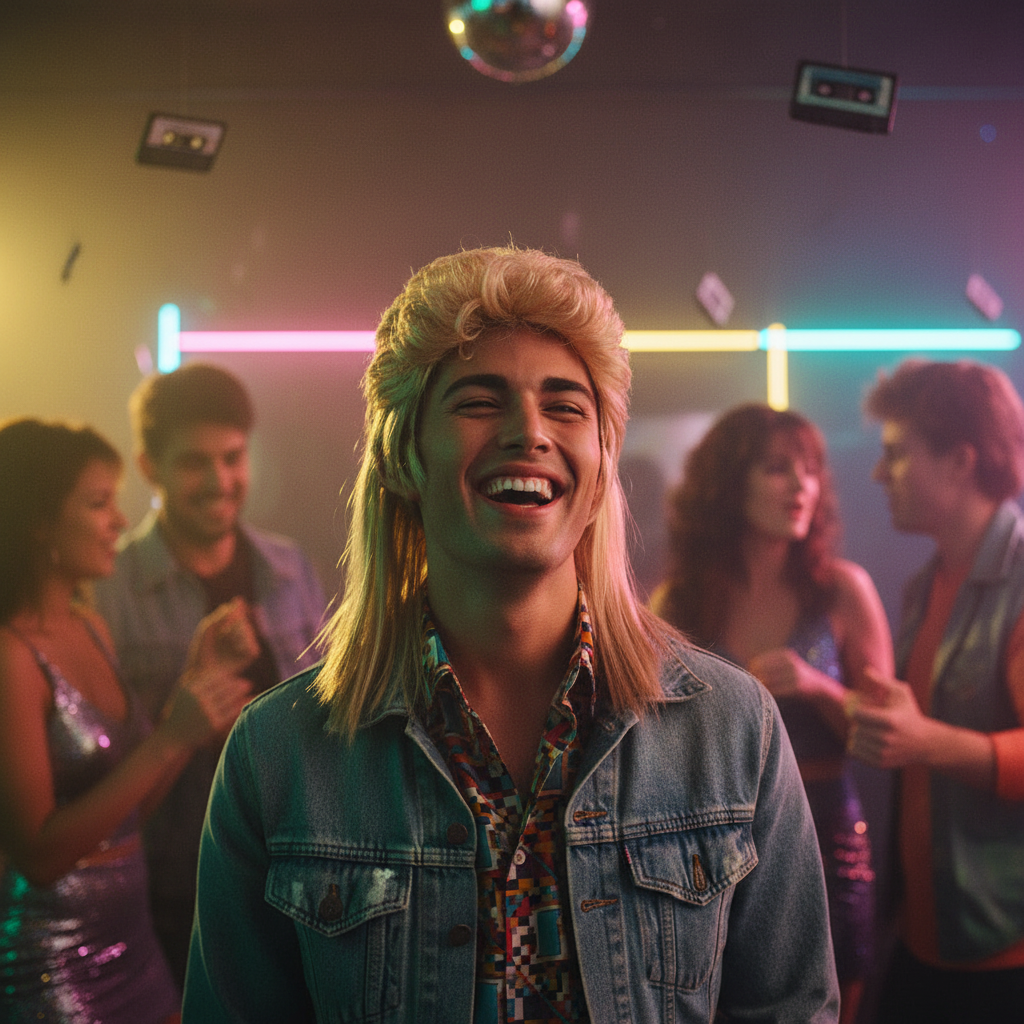 Man wearing blonde 1980s mullet wig laughing at a retro 80s themed party with friends, warm cinematic lighting