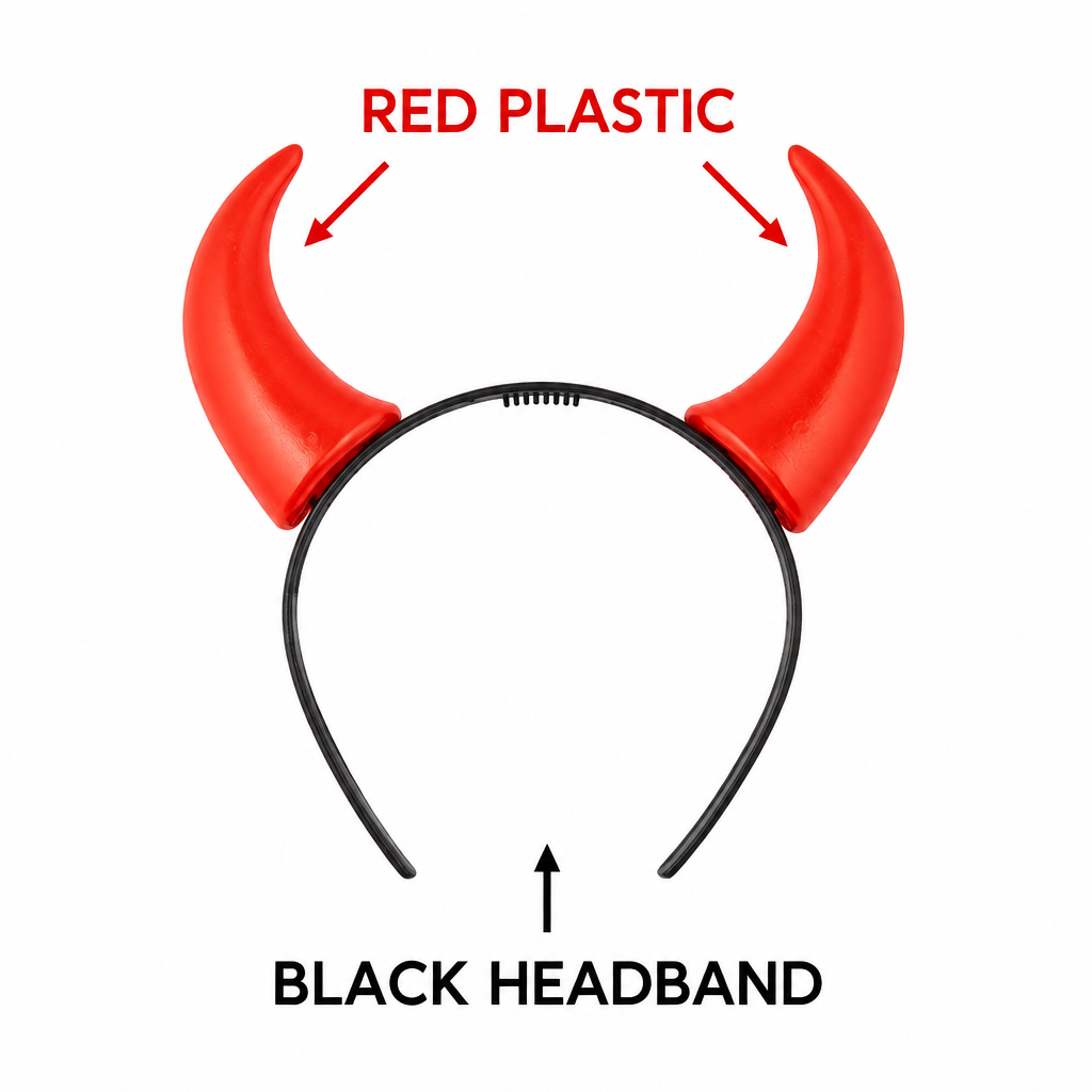 Red plastic devil horns on a black headband with labels identifying both components.