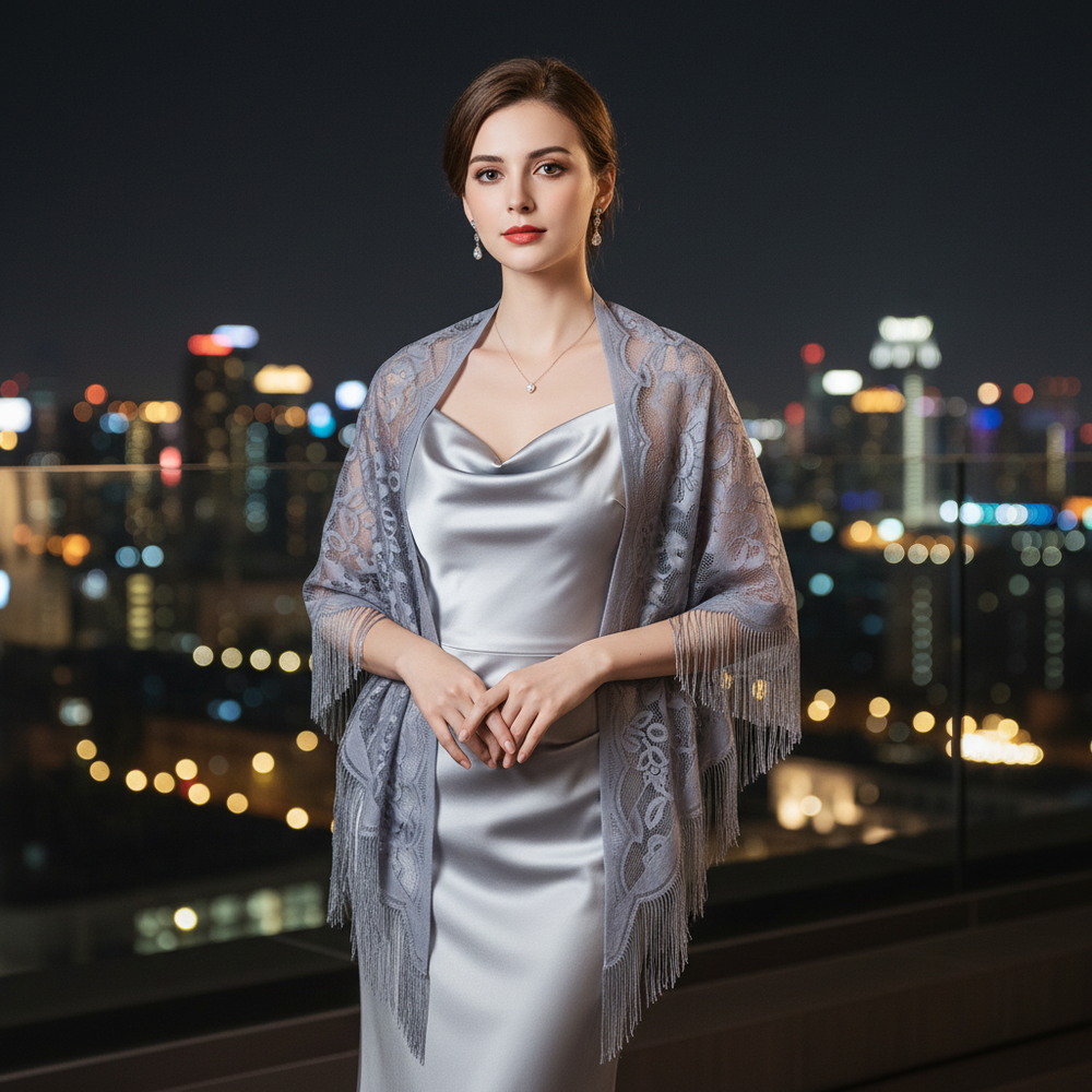 Elegant woman wearing a silver grey lace fringe triangle shawl over an evening dress at a luxury hotel rooftop bar at night