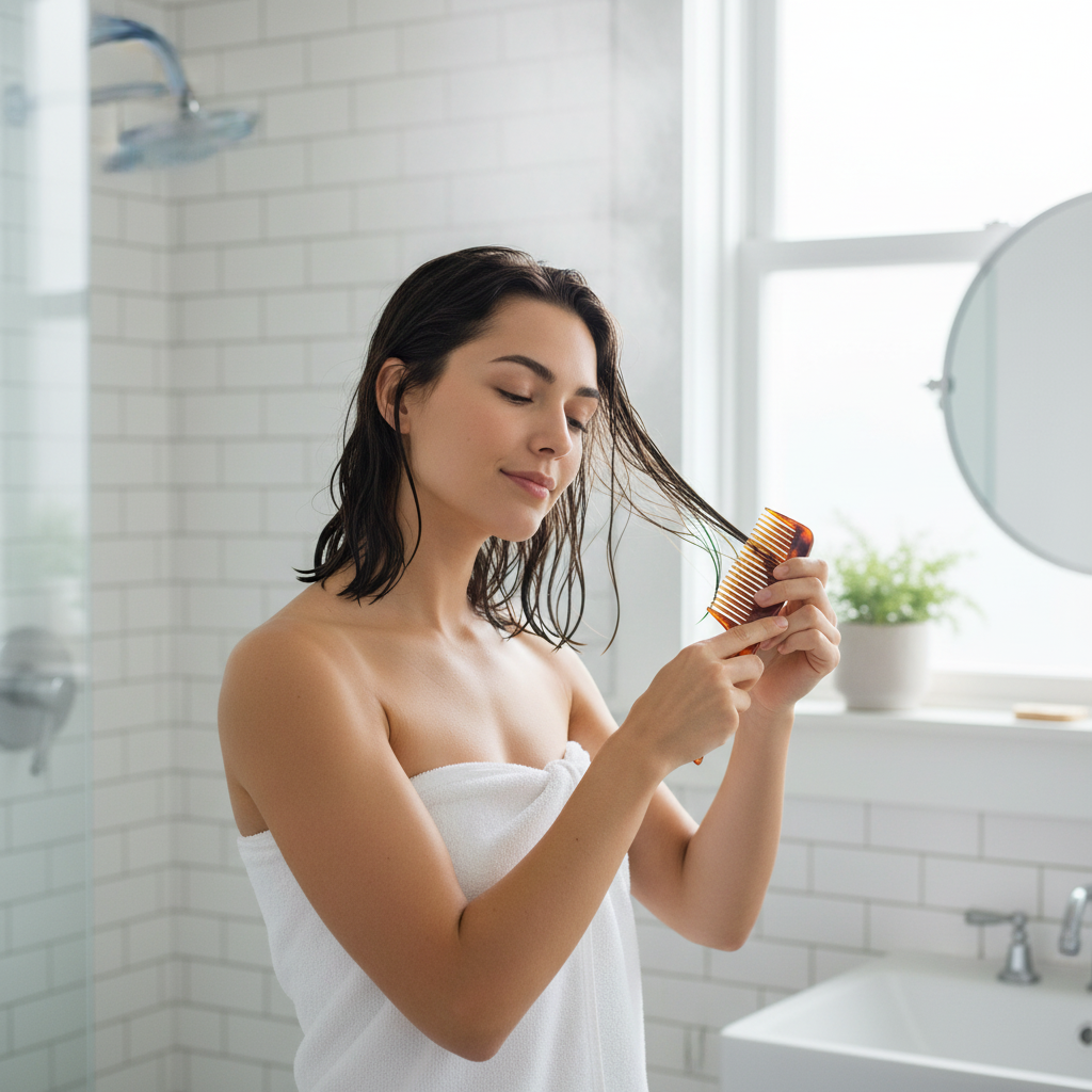 Woman detangling wet hair with wide-tooth tortoiseshell comb after shower - Hair Comb Set lifestyle