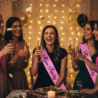 Bride-to-be wearing pink hen party sash laughing with friends at a hen party celebration
