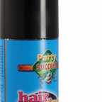 Extreme macro close-up of Party Success Black Temporary Hair Colour Spray nozzle and label showing print quality and texture detail