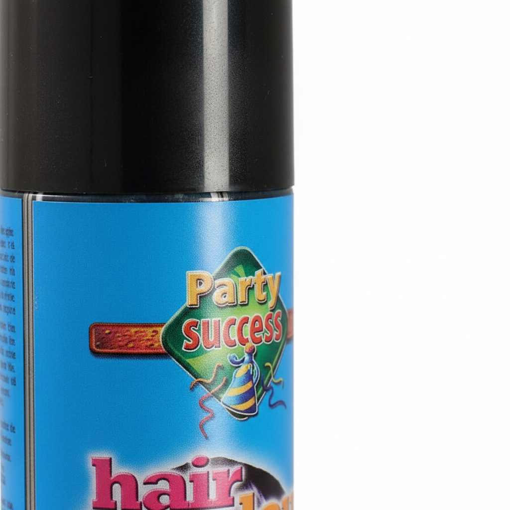 Extreme macro close-up of Party Success Black Temporary Hair Colour Spray nozzle and label showing print quality and texture detail