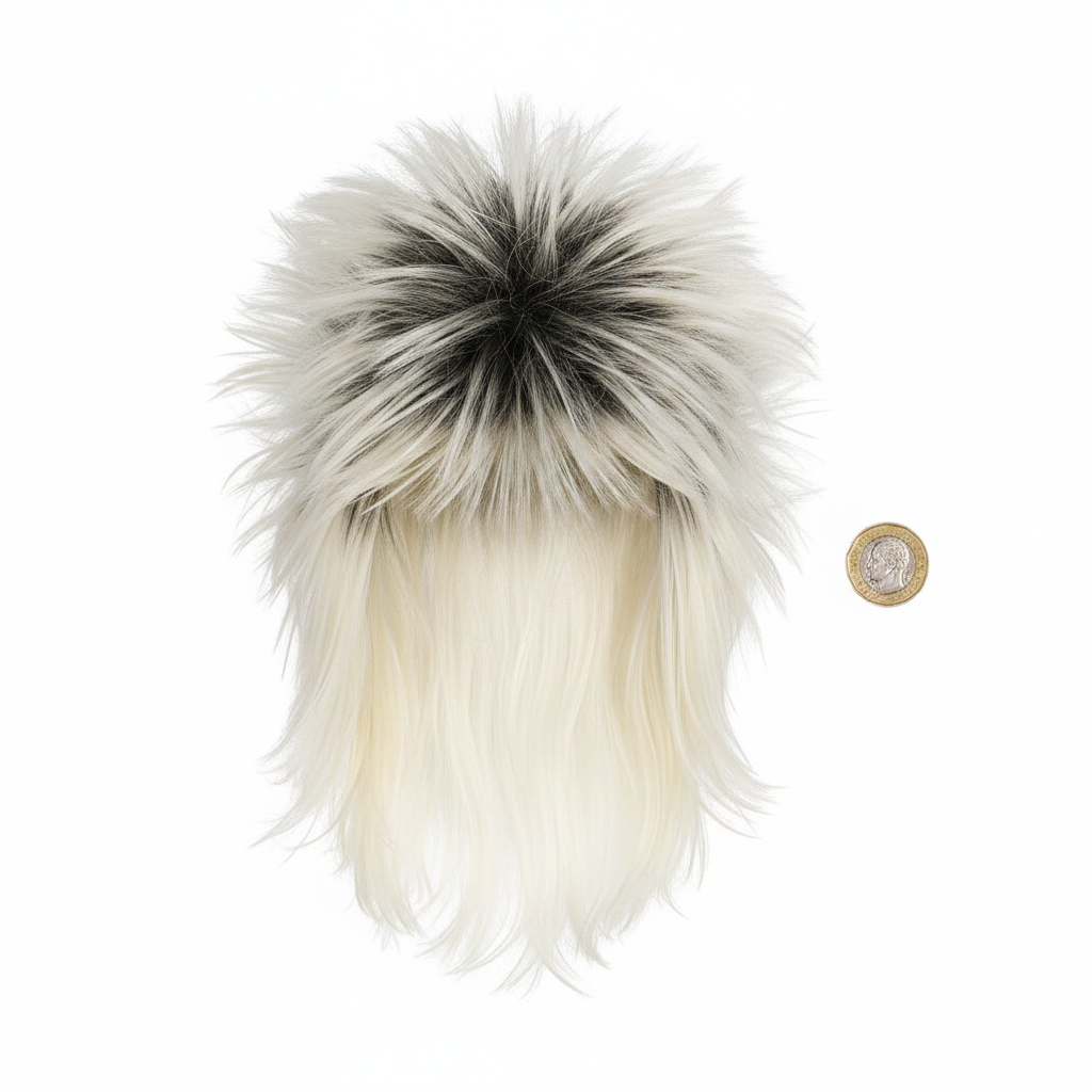 80s rockstar platinum blonde and dark spiked wig flat lay on white background with pound coin for scale