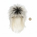 80s rockstar platinum blonde and dark spiked wig flat lay on white background with pound coin for scale