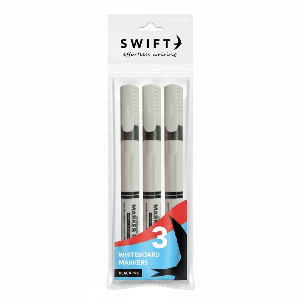Swift Black Whiteboard Markers 3 Pack on pure white background, product centred, studio lighting, Amazon hero shot