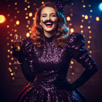 Woman in fancy dress costume wearing black self-adhesive moustache at Halloween party - Why Not Shop
