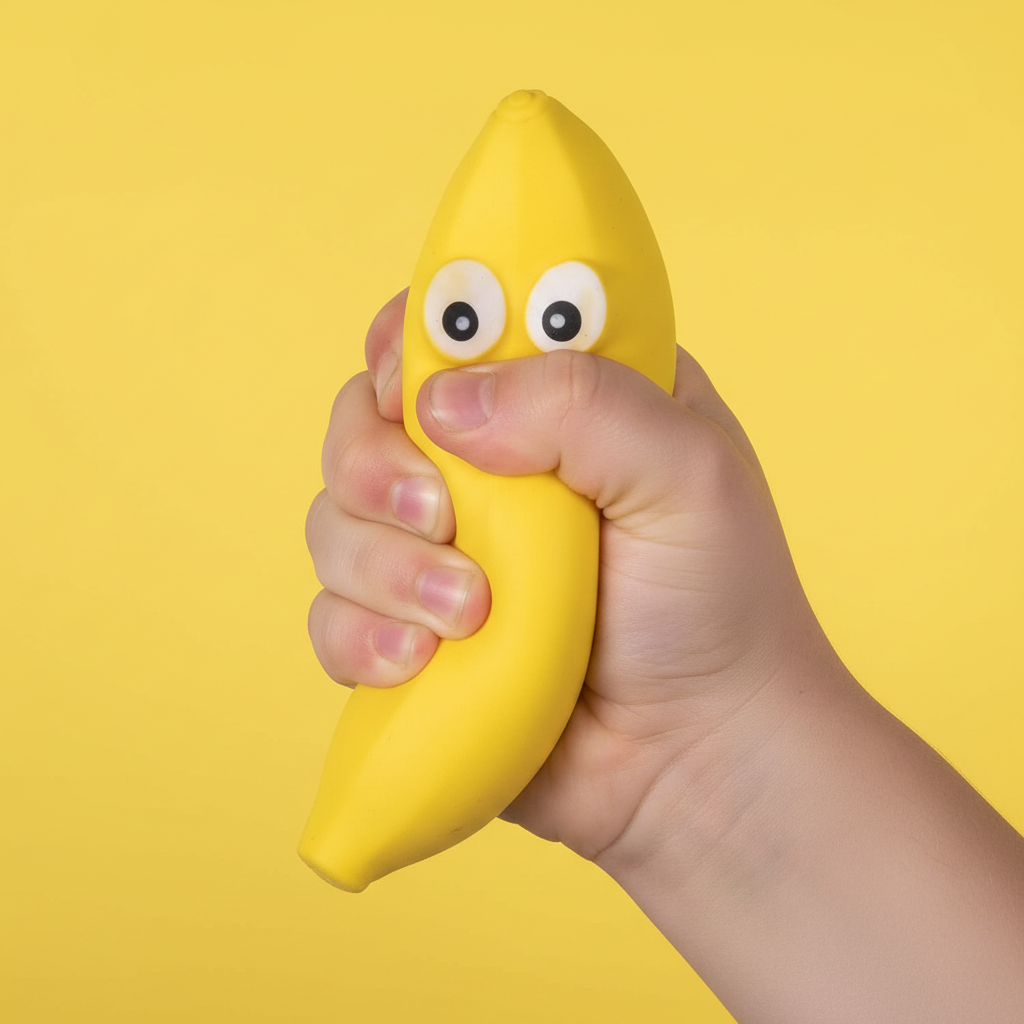 Squeeze & Stretch Stress Relief Banana toy being squeezed in hand