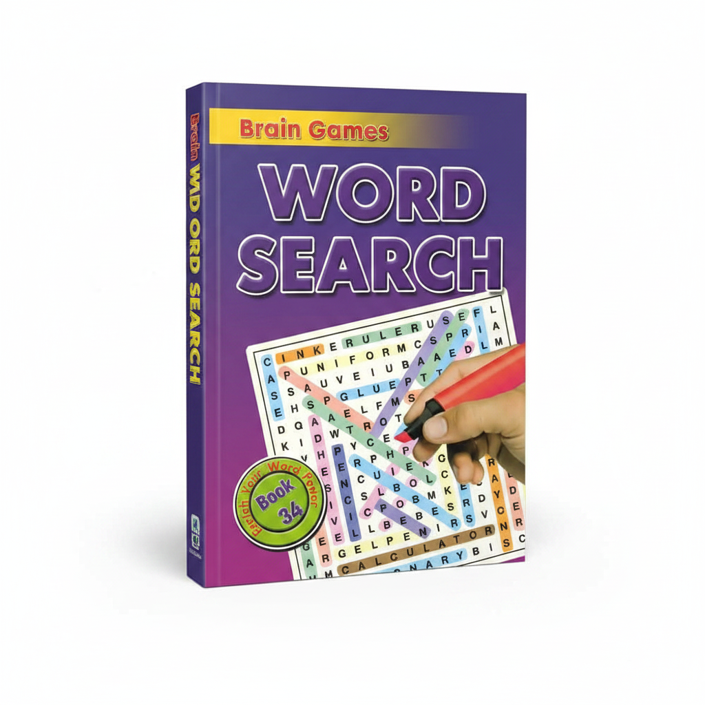 Brain Games Word Search Book with over 100 puzzles on a white background