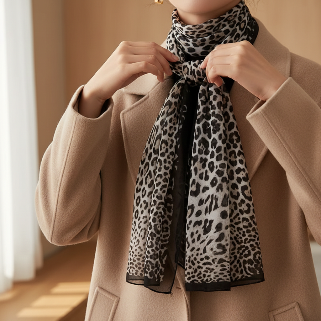 Close-up of hands styling a black and beige chiffon animal print scarf around a woman's neck showing the luxurious sheer fabric texture