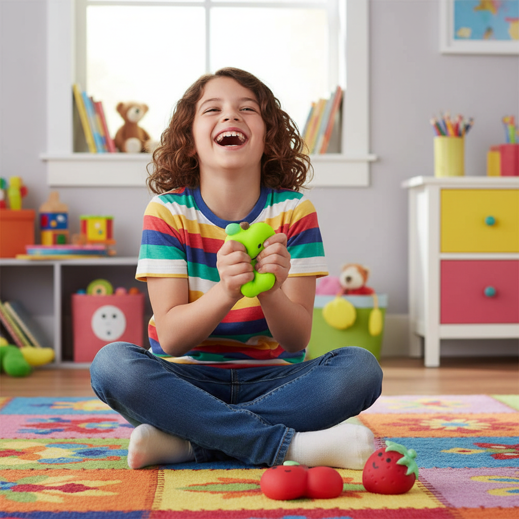 Child playing with Scrunchems fruit squishy toy on bedroom floor