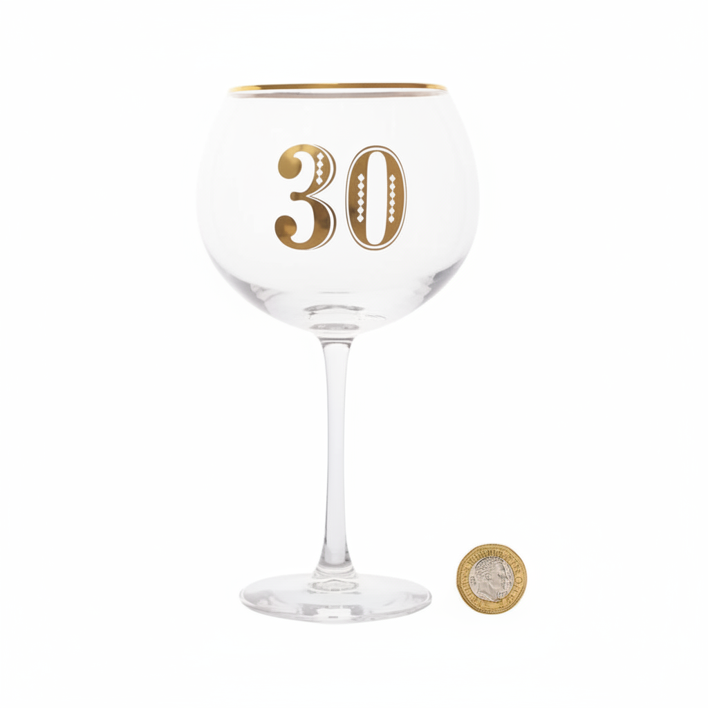 Art Deco 30th Birthday Gin Glass flat lay beside a £1 coin on white background showing product size and scale