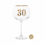 Art Deco 30th Birthday Gin Glass flat lay beside a £1 coin on white background showing product size and scale