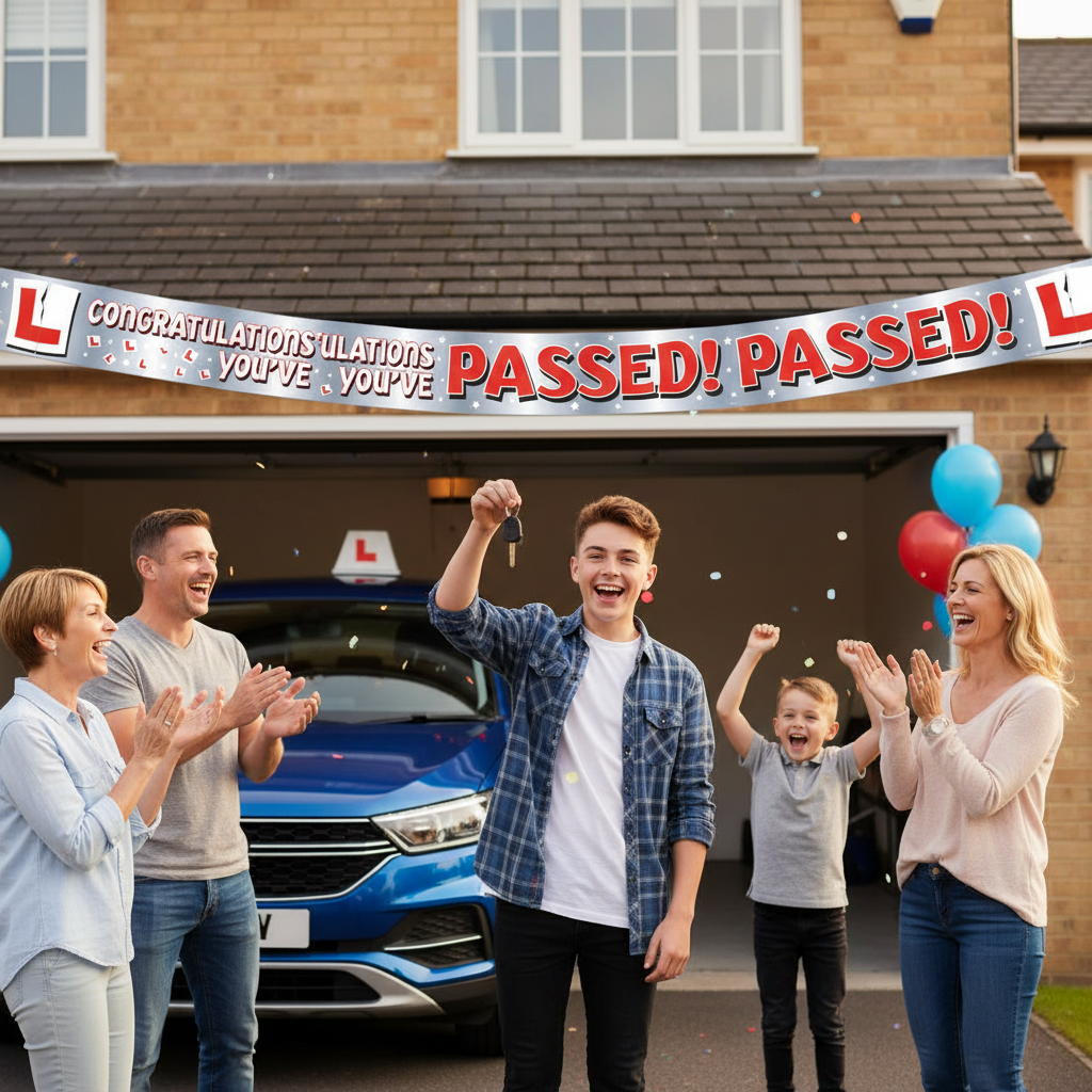Family celebration with teenager who passed driving test, congratulations banner hung across entrance
