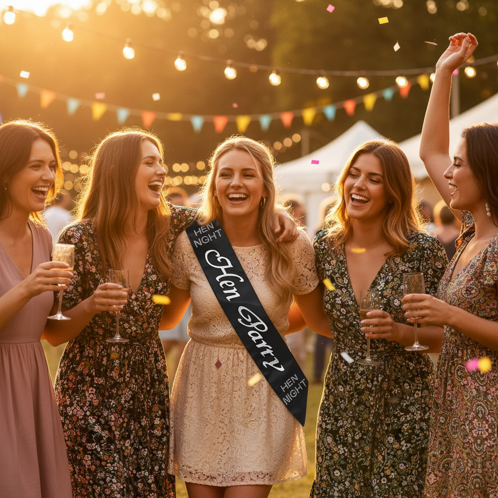 Hen party group celebrating outdoors with bride wearing black satin diamante sash in golden hour light