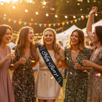 Hen party group celebrating outdoors with bride wearing black satin diamante sash in golden hour light