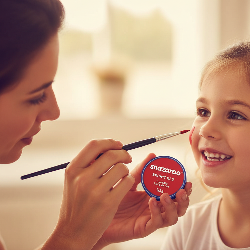 Parent applying Snazaroo Bright Red face paint with a brush onto a child's cheek, candid authentic moment