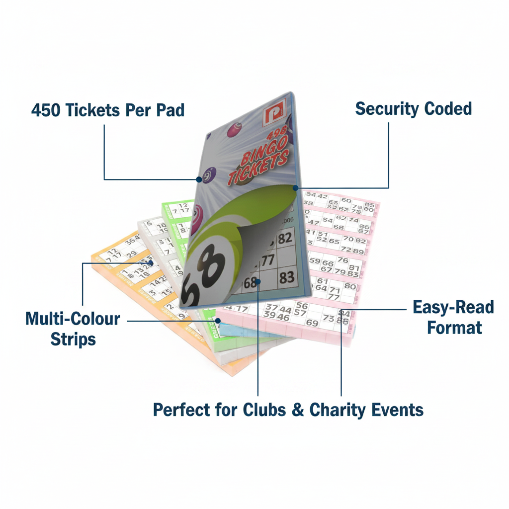 Bingo Ticket Pads infographic showing 450 tickets, security coding, multi-colour strips and easy-read format