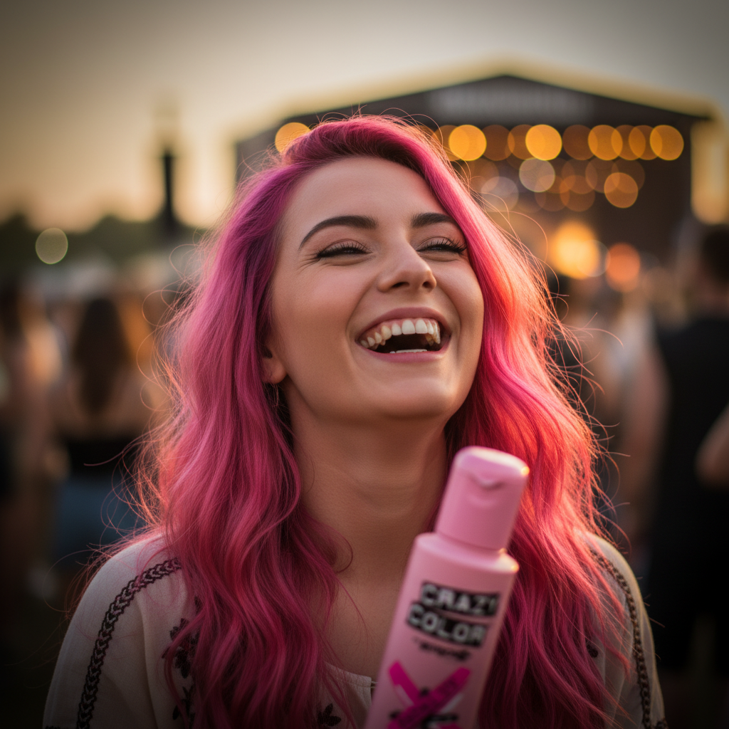 Woman with vivid neon pink hair at a summer festival - Crazy Color Rebel UV lifestyle shot