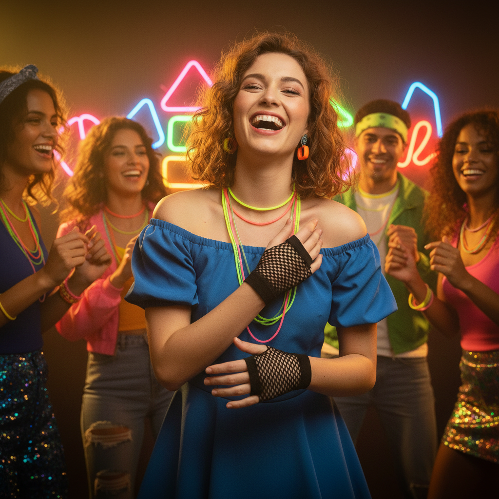 Woman wearing short black fishnet gloves dancing at a vibrant 1980s fancy dress party with warm golden hour lighting