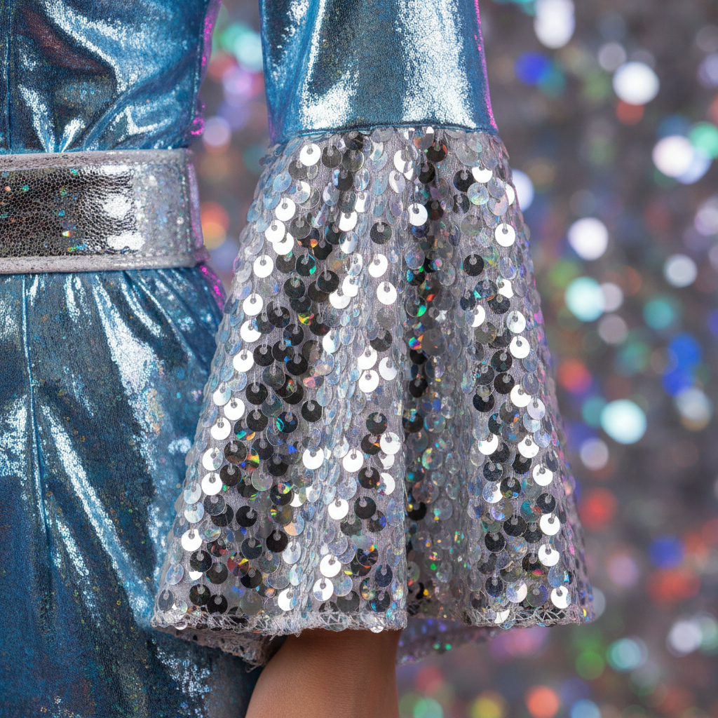 Extreme macro close-up of silver holographic sequin bell sleeve panel on ABBA Waterloo blue disco jumpsuit — texture and shimmer detail