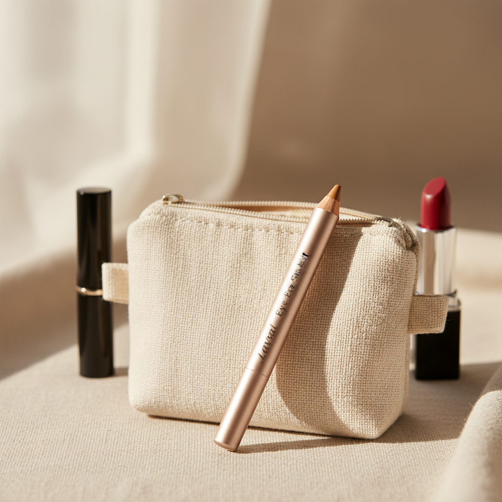 Laval Pearl Eye Shader Topaz eyeshadow pencil in an open makeup bag with other cosmetics in a natural lifestyle setting