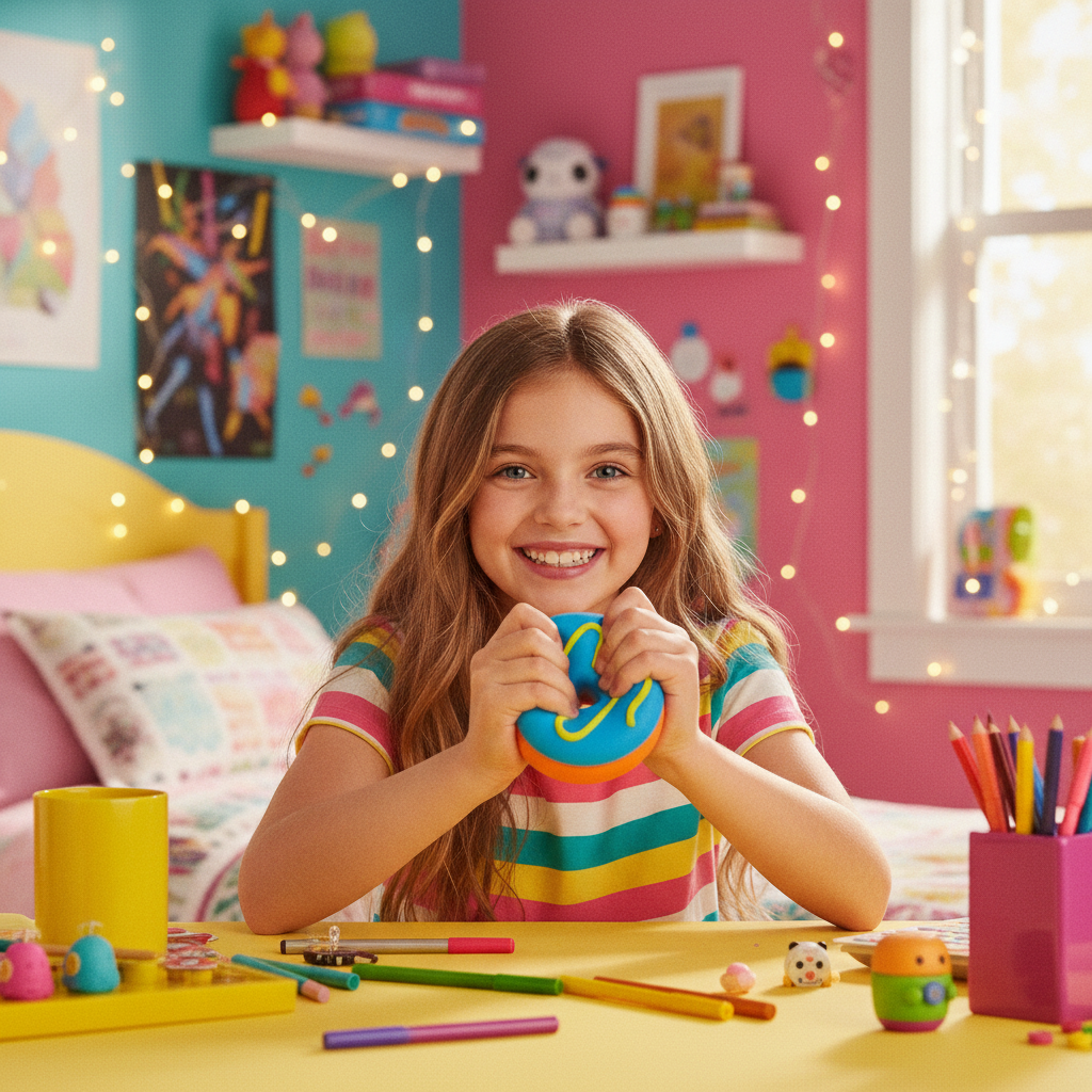 Young girl playing with Scrunchems Donut Squishy toy in colourful bedroom