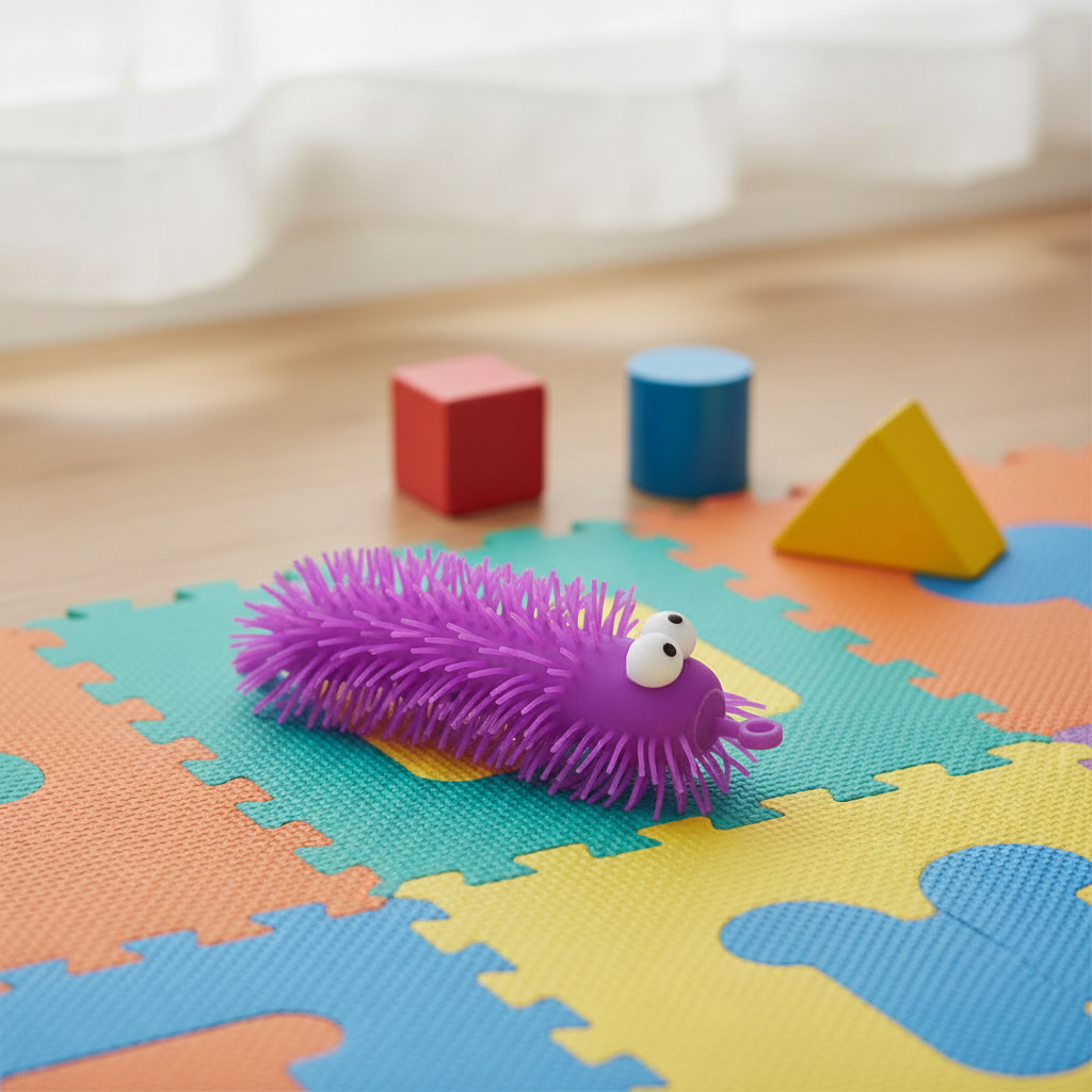 Purple Big Eye Puffer Caterpillar squeeze toy in a child's colourful playroom with natural window light, rule of thirds composition